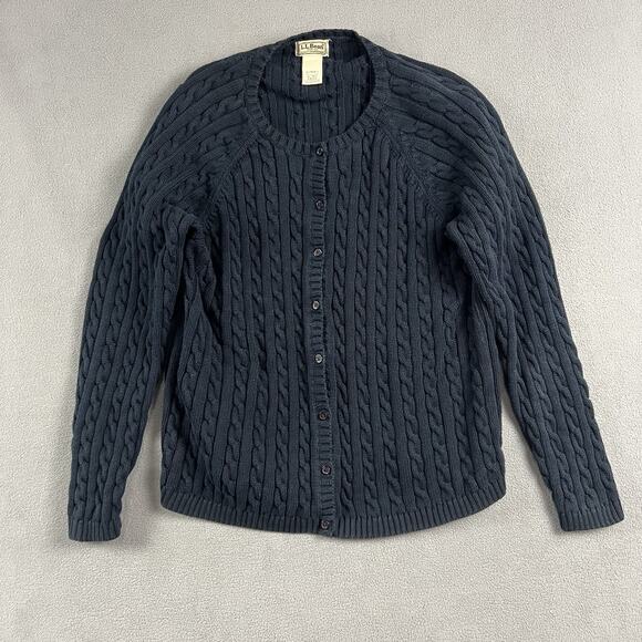 LL Bean Sweater Womens XL Blue Cardigan Stretch Button Up Cable Knit Casual - Picture 1 of 5